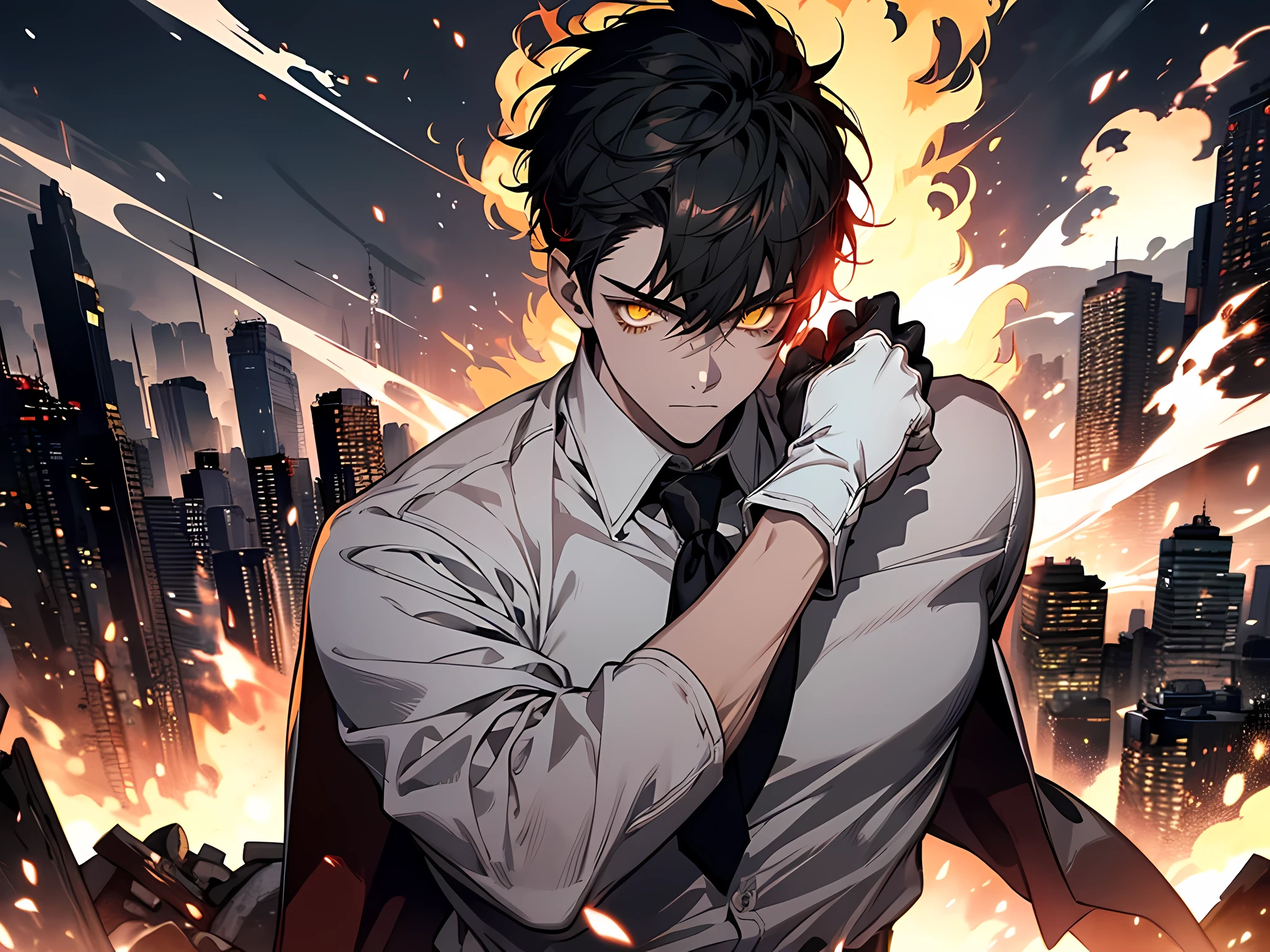 (1 ) black short hair, yellow eyes, wearing white shirt, his hand is wearing shiny iron gloves and fire, this character has red glowing aura on his eyes, demon lord aura, colorful glowing aura in the air, the background is on destroyed city with explosion and a meteor falls into the city