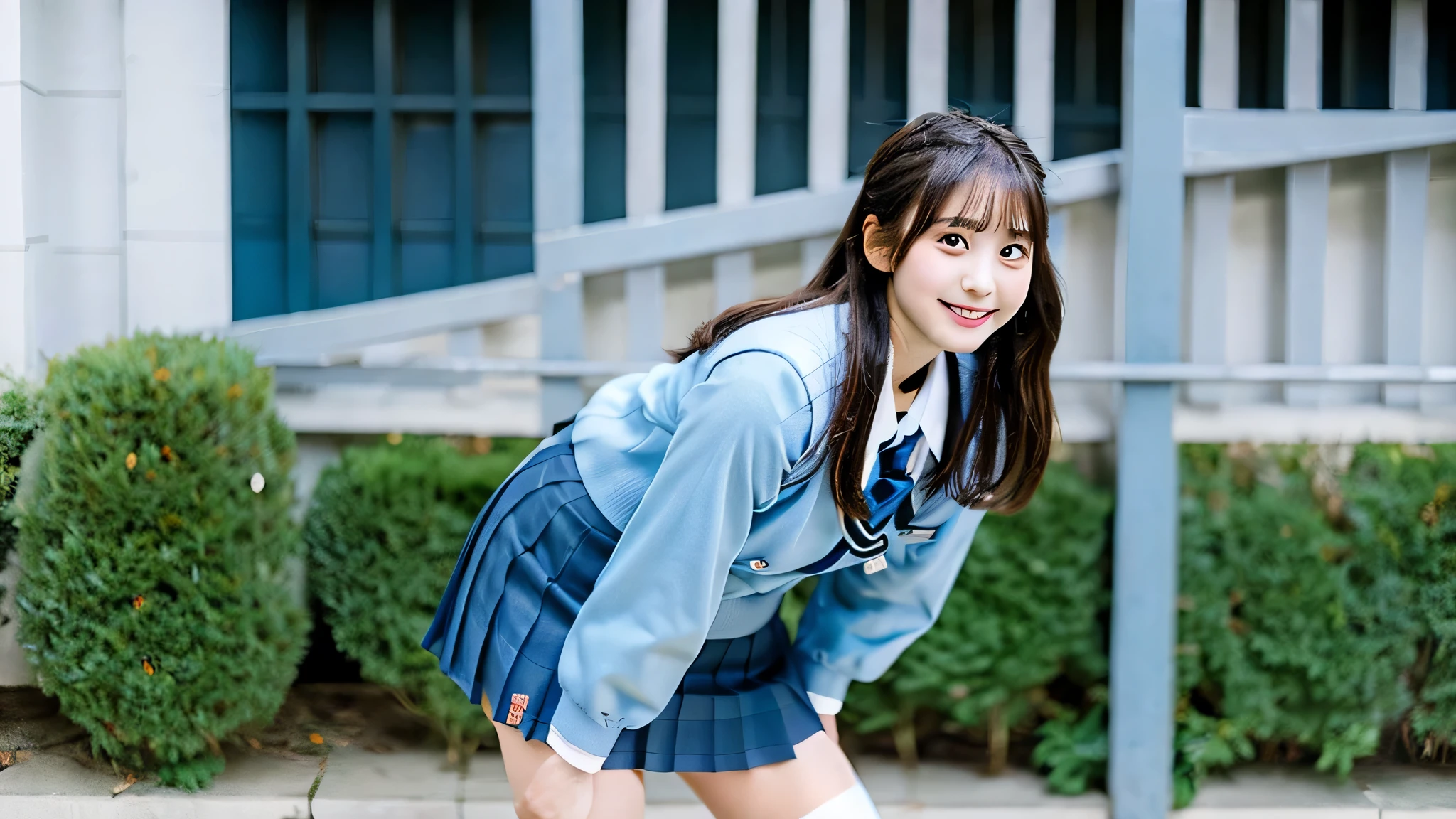 cute high school girl, 18-year-old, Wearing a light blue miniskirt uniform,winter