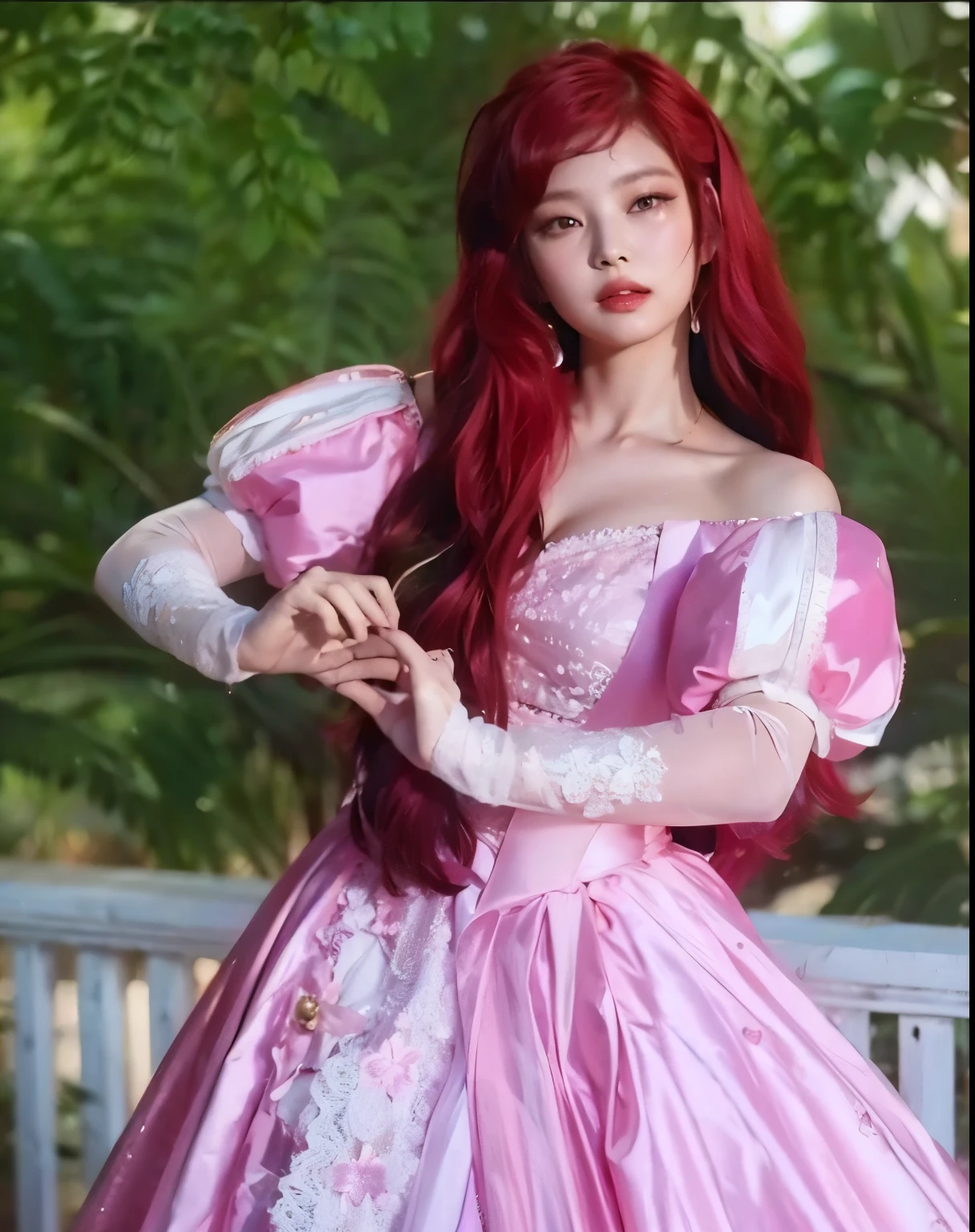 1girl, long hair, red hair, green eyes, pink lips, red eyeshadow, diamond necklace, smile, blush, happy face, full body, , mature female, korean girl, wedding dress, long  shoulder dress, red dress, 