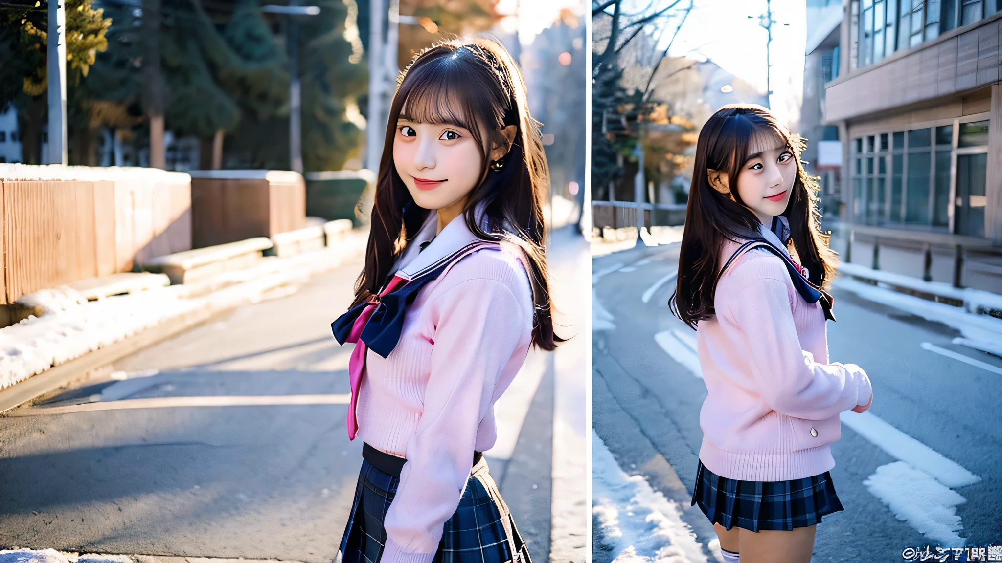 cute high school girl, 18-year-old, Wearing a pink miniskirt uniform,winter