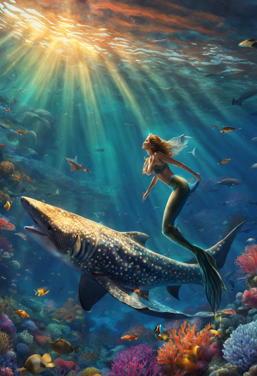 breathtaking A fantasy digital illustration of a mermaid gracefully swimming alongside a whale shark, vibrant coral reef below, rays of sunlight beaming down, colorful fish surrounding them, mystical and serene . award-winning, professional, highly detailed