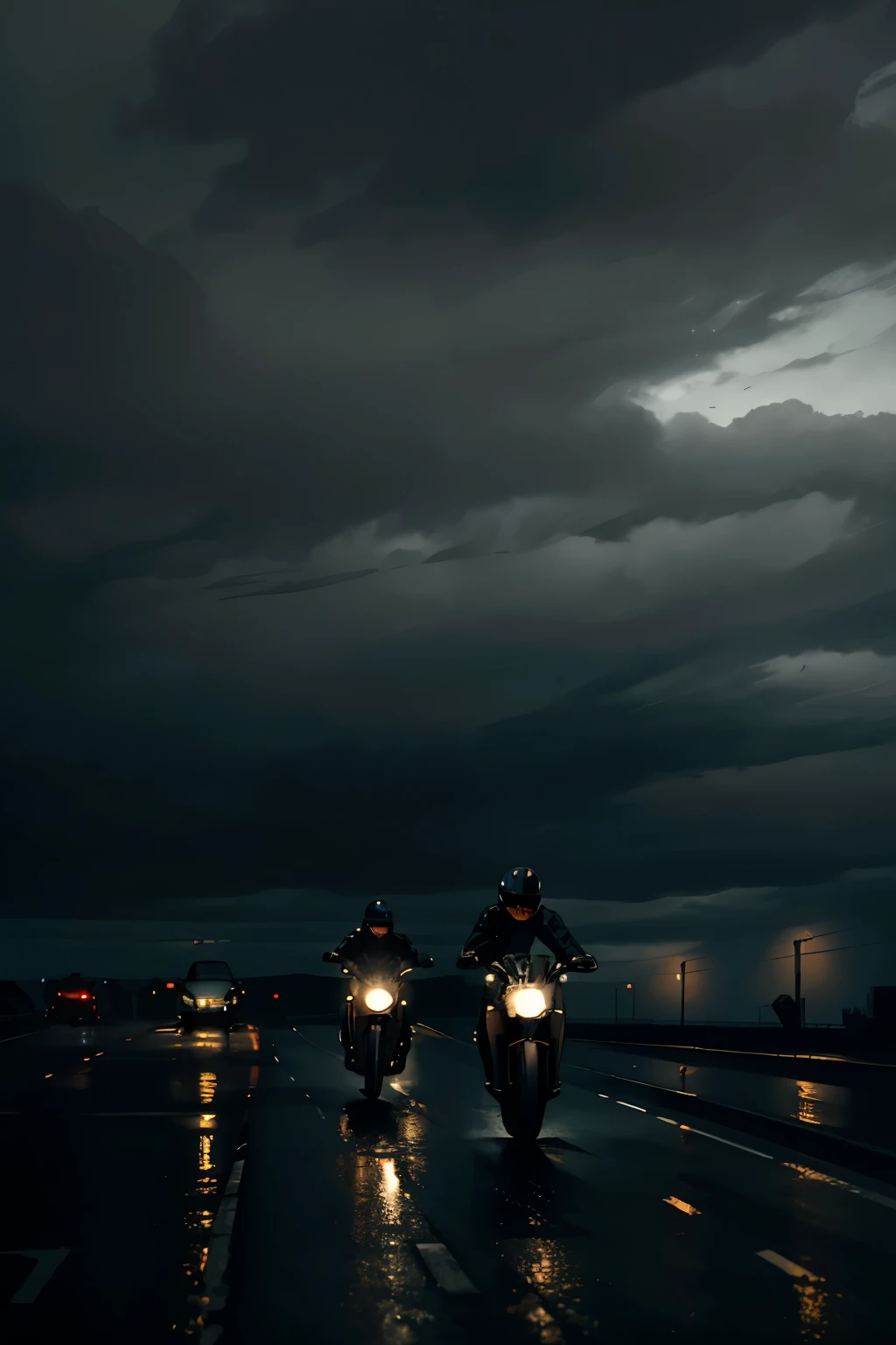 Masterpiece, three bikers, solo ride, dark night sky, raining, ominous cloud cover, cloudy atmosphere --s2
Three bikers, seamlessly riding in synch, solo journey under the cover of night, sky painted with a dark canvas, ominous cloud cover looming, raindrops cascading in front, high definition.
Masterpiece, realistic, dynamic scene, raining night, long dark road, atmospheric cloud cover, bikers with focused determination, sharp focus, rain-soaked roads, reflective surfaces, depth of field, high resolution, fine details.
Three bikers, lone riders, dark atmosphere, rainy