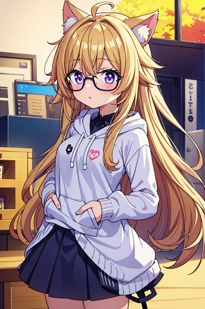 girl、high school student、Blonde、Hair that flies around、long hair、Orange eyes、Wearing black-rimmed glasses、Thick thighs、((G-Cup))、Make your breasts bigger、unconfident、Blushing((highest quality))、Anime Style、Bedroom、Loungewear、T-Shirts、Shorts