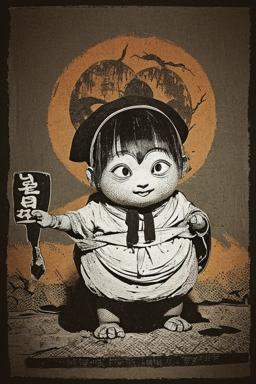 ((jumpscare)), Outline warm color, ((festival)), ((Chojugiga)), ((Shihon Bokuga)), antique, (anthropomorphism), (Sumi-e), Monochrome art, (Old paper style illustration), (hunting paintingural style, Little monster, old performance, variational pointillism, flat illustration, eerie, horror elements, eerie worldview, (primitive art), Outline warm color, old picture scroll style, old staging, Ancient mural style