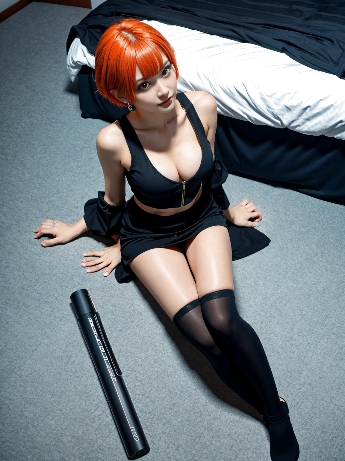 (photo realistic1.5),ultra detailed,(8K),(1girl),(cyberpunk),ruins,(bed:1.2),(cyberpunk costume:1.2),Future Items,topless,(small nipples),(big breasts:1.2),gravure,beautiful Japanese,clothes in disarray,earrings,shorts or skirt,(from above:1.5),(looking at viewer),(kneeling pose),smirk,(upper body),(spread legs:1.2),(orange hair),(short hair),22years old,