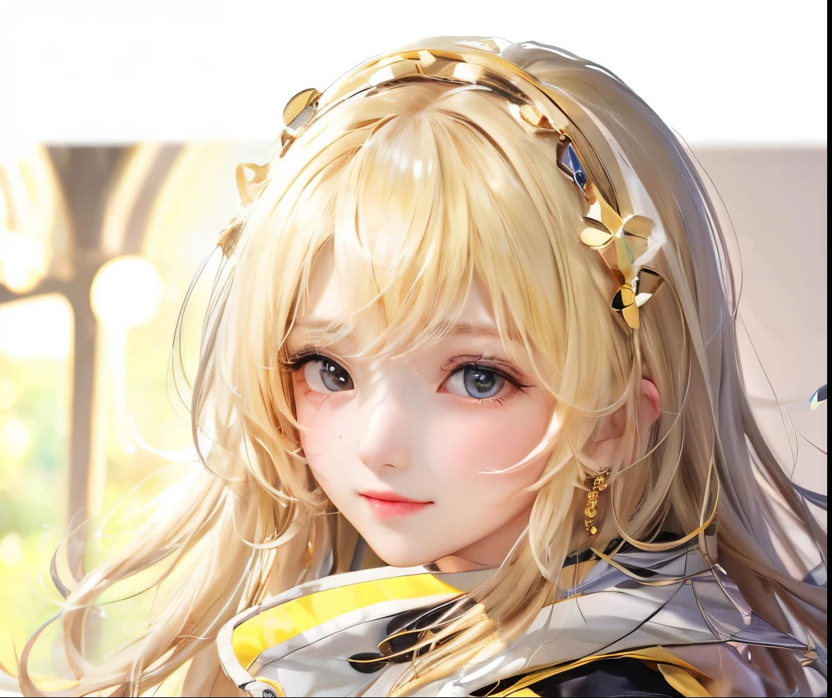 1 girl,blonde hair, bangs, eyebrow bangs, black eyes, medium boobs, beautiful, long hair, light curls