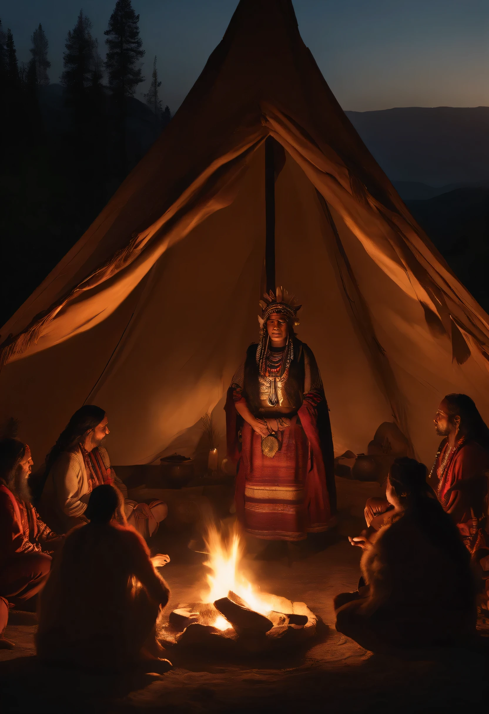 Beautiful clearing at dusk, Shaman wearing intricate ritual clothing sits in the center. A group of tribesmen gathered around her to light a fire,beautiful native american, With striking features and a deep connection to nature, Exude an expression of awe and concentration. The scent of vanilla fills the air. The atmosphere exudes ancient wisdom and connection with nature, capture a detailed、vibrant digital painting, The flickering flames of the central campfire cast dancing shadows on the massive walls of the elk-hide tent,dramatic lighting, Digital Art Trends HD Detailed Reality on Artstation 8k HD, detailed, texture, Super detailed, lifelike皮肤纹理, armor, better quality, 超high resolution, (lifelike:1.4), high resolution, detailed, ancient tribal symbols.This scene embodies ancient traditions and the power of united communities,