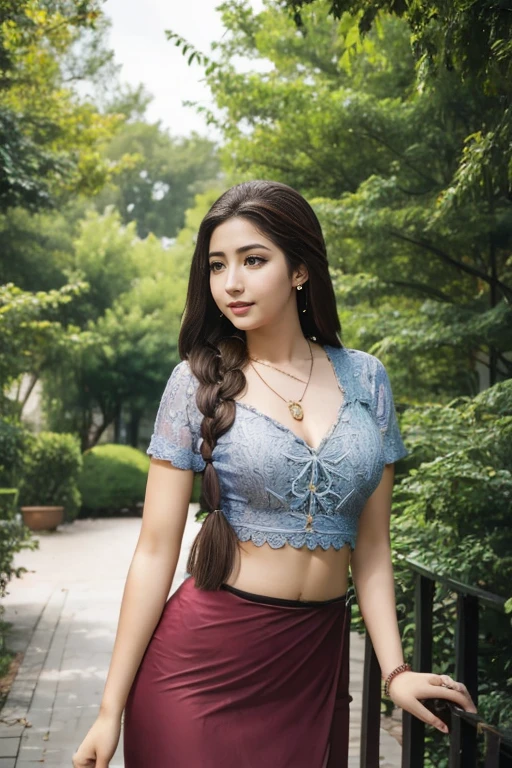 Carlotta Champagne as a beautiful young maiden, standing perfect body, large breasts, small waist, long braids hair, wearing light makeup, long eye lashes, eye mascara, wearing red Ornaments, long earrings, necklaces, happy look, at Beautiful park.