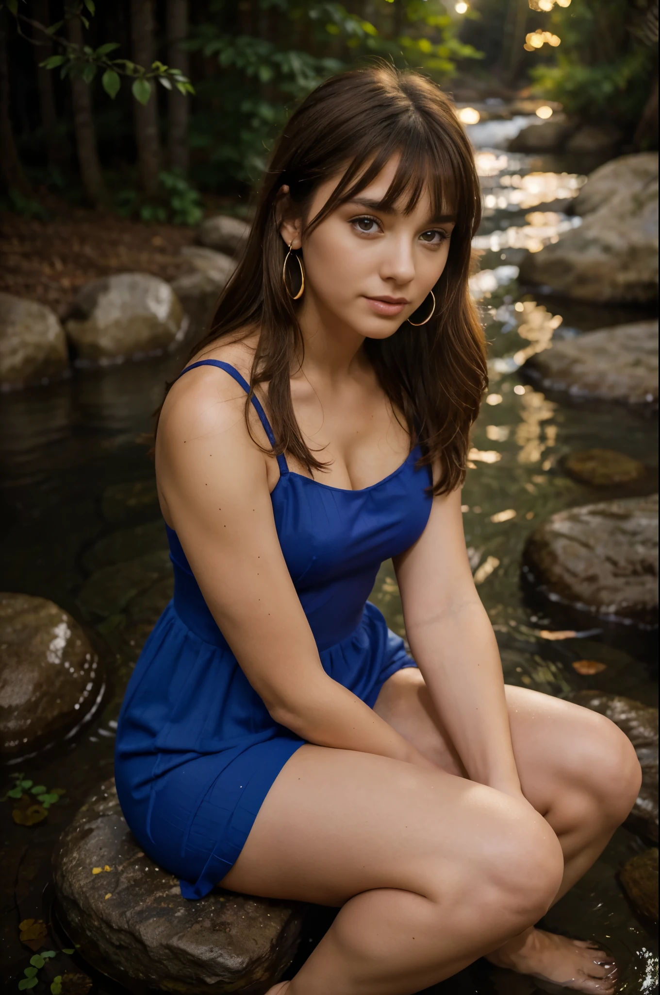 woman with brown hair sitting on a rock with her legs tucked under her, Very bright backlight, Solo, {beautiful-detailed eyes}, summer night, Brilliant moonlight, calm expression, Natural light and soft light, Hair fluttering in the breeze, delicate facial features, Blunt bangs, Eye Smile, Very small earrings, Sexy tight dresses, ((model poses)), Glamour body type, Fantastic night forest, Water, liquid, colourfull, watercolor, It blooms with blue and yellow flowers, (Red and purple theme), film grain,