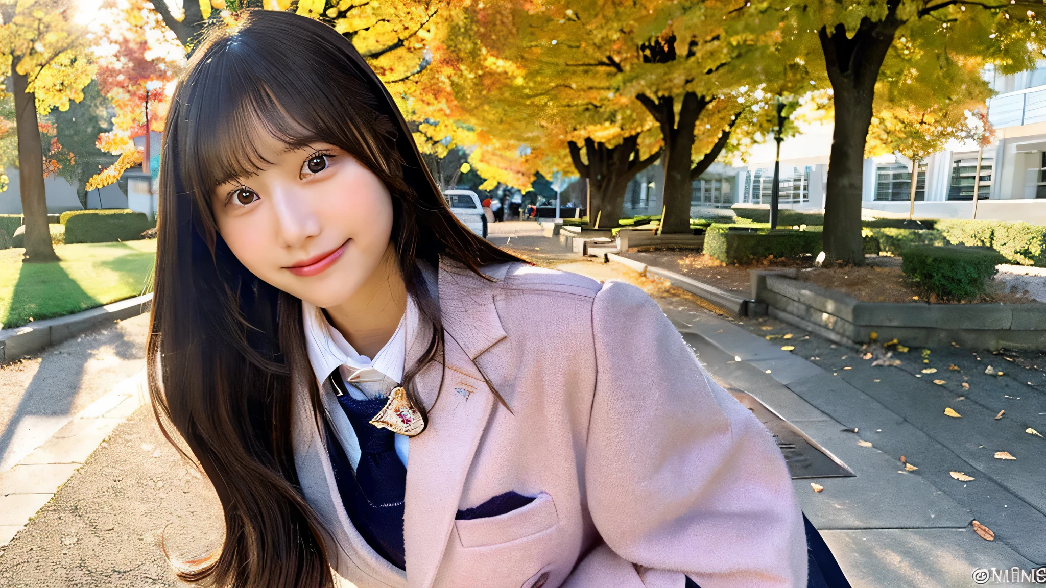high school girl, 18-year-old, She wears a pink scarf and miniskirt uniform..