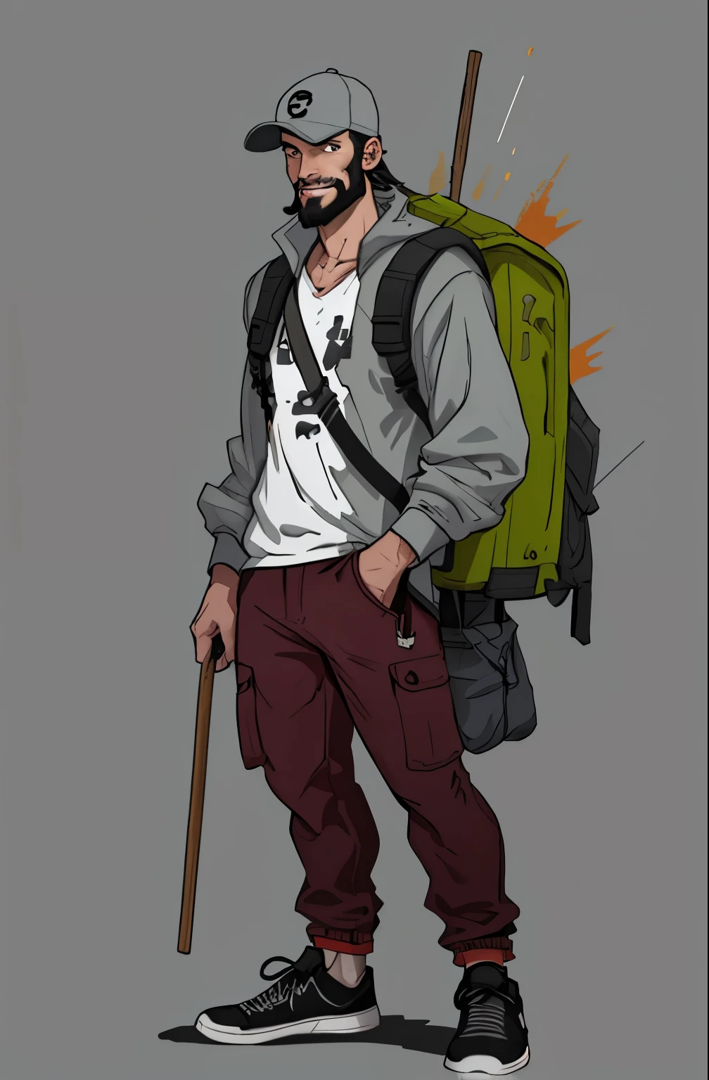 (masterpiece，top quality，best quality)  bold outline style，a man，hero，Relaxing posture，A middle-aged street businessman，weathered，Clear facial features，Perfect facial structure，Carrying a large backpack，large outdoor backpack，The backpack contains all kinds of weird things，Full of beard，Full of vicissitudes，Looking at the camera with a cunning smile，have a cane，Wear a cap，hip hop mix，American comic book style，There are some stains on the body，solid color background，HD details，HD quality