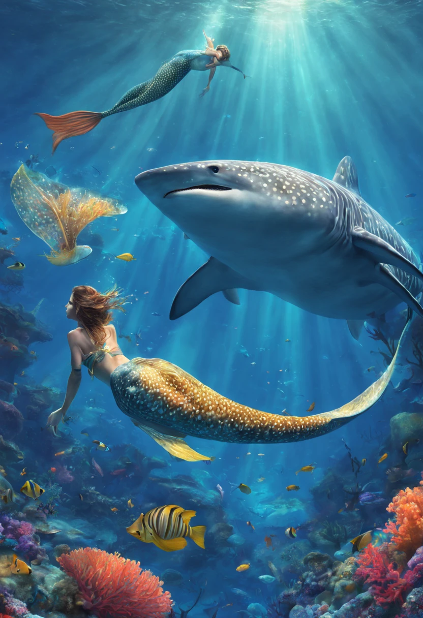 breathtaking A fantasy digital illustration of a mermaid gracefully swimming alongside a whale shark, vibrant coral reef below, rays of sunlight beaming down, colorful fish surrounding them, mystical and serene . award-winning, professional, highly detailed