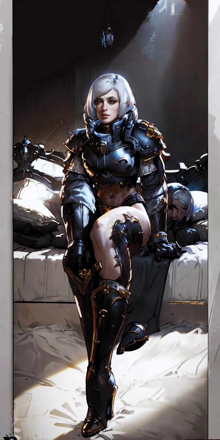 Warhammer Art Style, Adepta Sororitas, Battle Sister, White hair, bob haircut with bangs. 16k ultra hd, portrait

photorealistic, fullbody, bedroom background, royal bedroom, black gloves, black socks, tiara, white hair, laying down on bed, red cape, yellow bikini, high heels