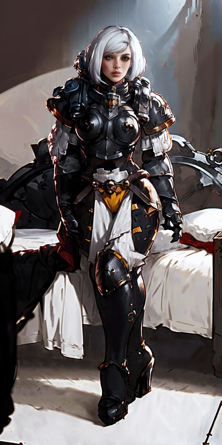 Warhammer Art Style, Adepta Sororitas, Battle Sister, White hair, bob haircut with bangs. 16k ultra hd, portrait

photorealistic, fullbody, bedroom background, royal bedroom, black gloves, black socks, tiara, white hair, laying down on bed, red cape, yellow bikini, high heels