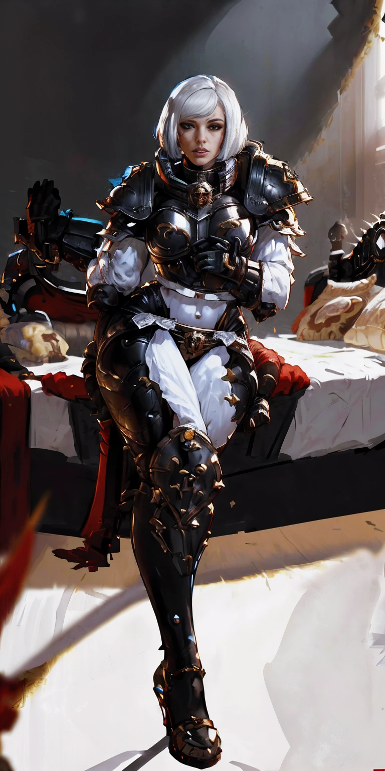 Warhammer Art Style, Adepta Sororitas, Battle Sister, White hair, bob haircut with bangs. 16k ultra hd, portrait

photorealistic, fullbody, bedroom background, royal bedroom, black gloves, black socks, tiara, white hair, laying down on bed, red cape, yellow bikini, high heels