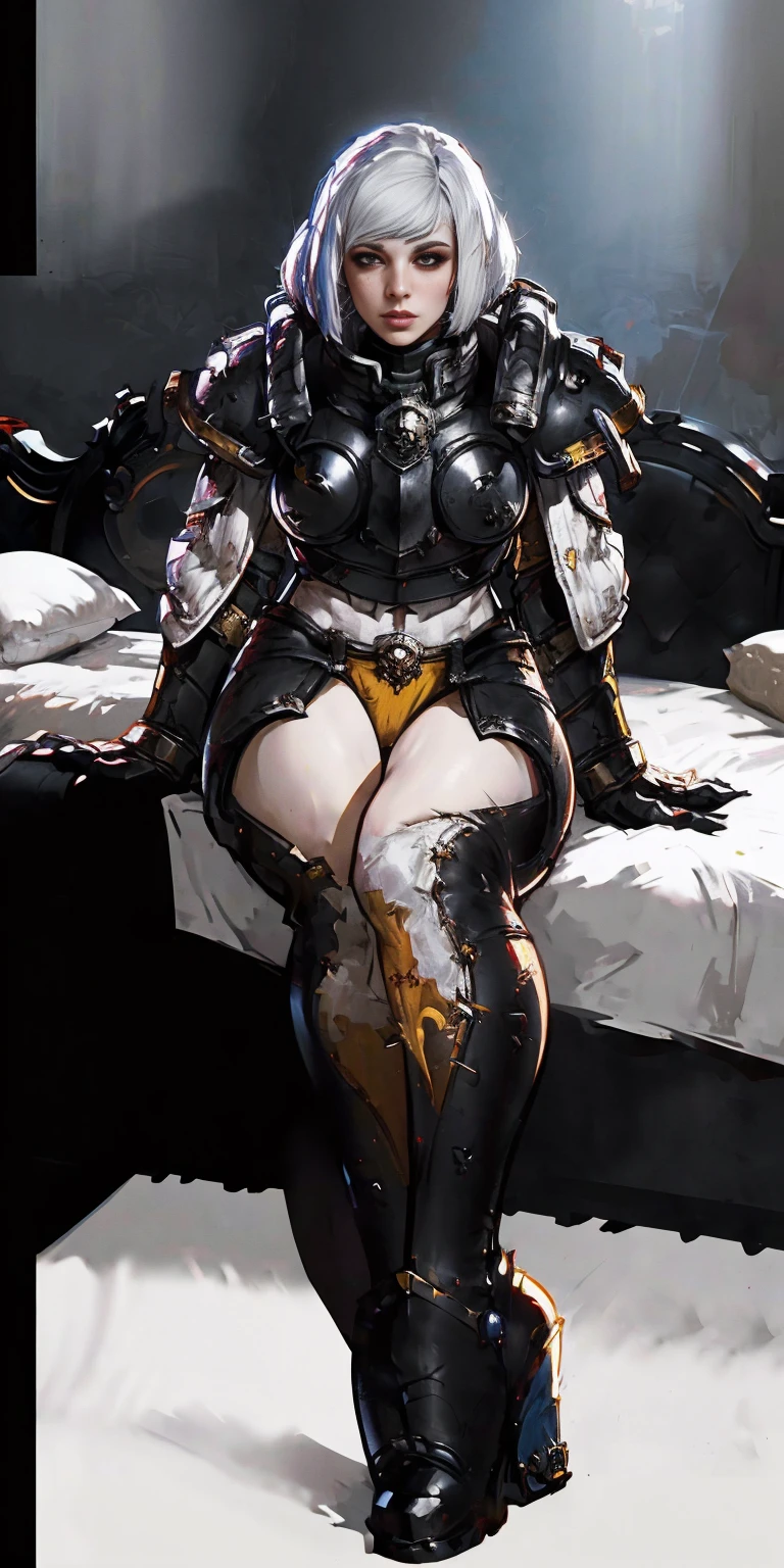 Warhammer Art Style, Adepta Sororitas, Battle Sister, White hair, bob haircut with bangs. 16k ultra hd, portrait

photorealistic, fullbody, bedroom background, royal bedroom, black gloves, black socks, tiara, white hair, laying down on bed, red cape, yellow bikini, high heels