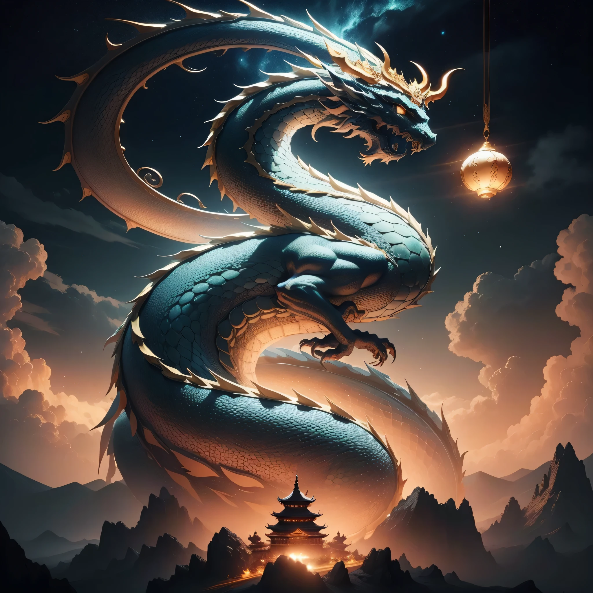 Black，Kaneko，white，营造出祥云中雄伟的中国dragon的仙境. 想象一下dragon的辉煌, Decorated with intricate scales and ornate patterns. dragon&#39;The snake-like body should dance gracefully in the sky, Exuding an aura of strength and wisdom. dragon is surrounded by billowing clouds，bright colors, Symbolizes good luck and prosperity. Illuminate the scene with soft skylight, 唤起dragon的神性及其作为力量和幸运象征的意义