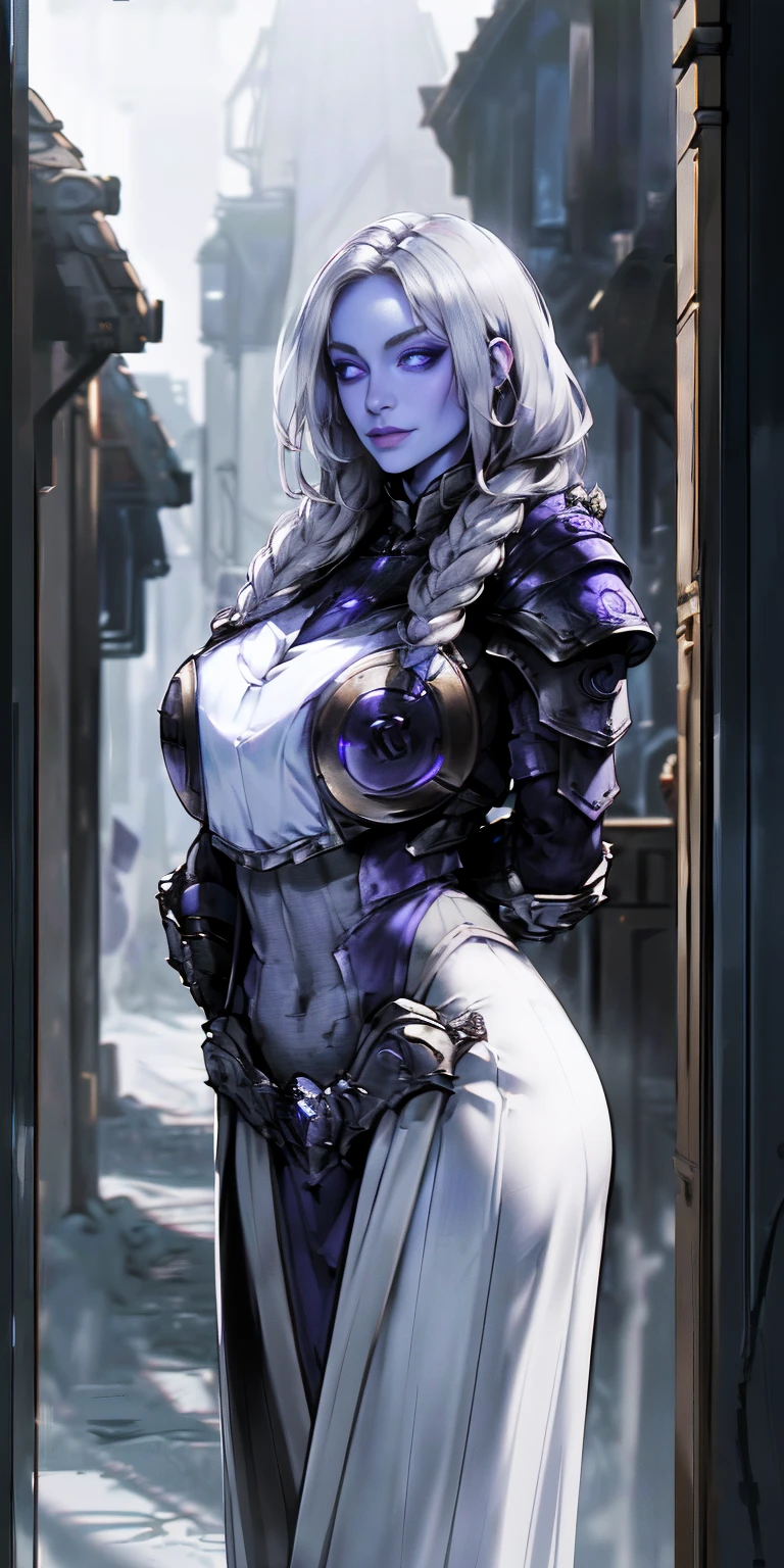 (Triplets)(chest covered)(smile)Gray skin, pale golden hair and violet eyes. They prefer clothing of white and silver with cloaks of deep blue or purple,village background, huge_knockers, ((very precise detailed)), ((highres)