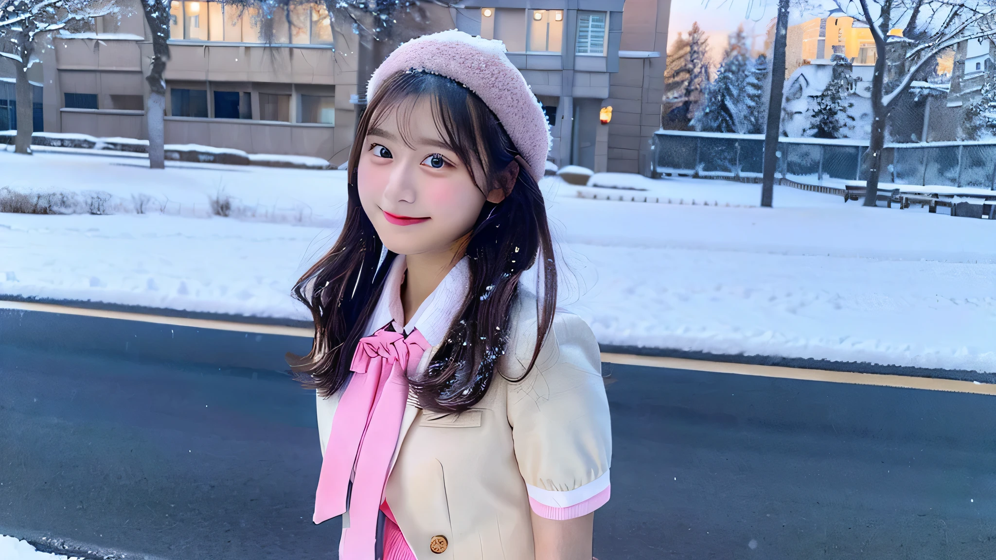 cute high school girl, 18-year-old, Wearing a pink miniskirt uniform、Snow in the background