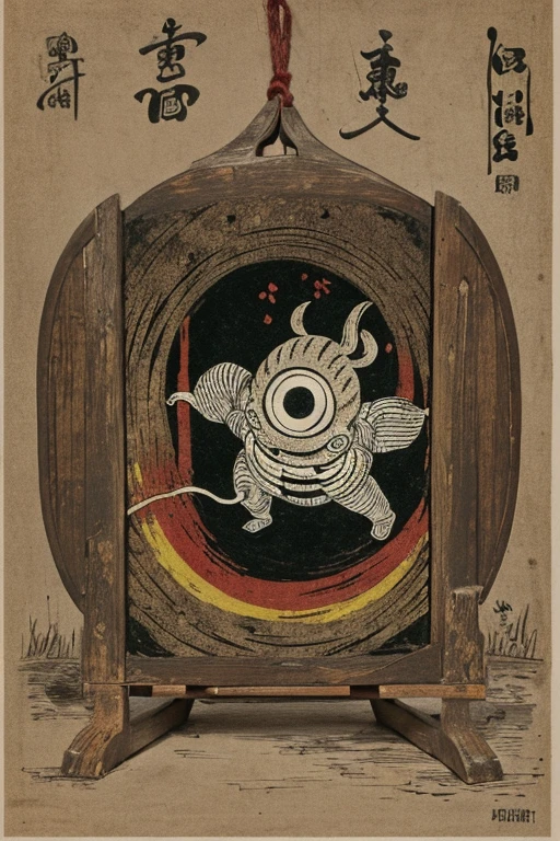 ((jumpscare)), Outline warm color, ((festival)), ((Chojugiga)), ((Shihon Bokuga)), antique, (anthropomorphism), (Sumi-e), Monochrome art, (Old paper style illustration), (hunting paintingural style, Little monster, old performance, variational pointillism, flat illustration, eerie, horror elements, eerie worldview, (primitive art), Outline warm color, old picture scroll style, old staging, Ancient mural style