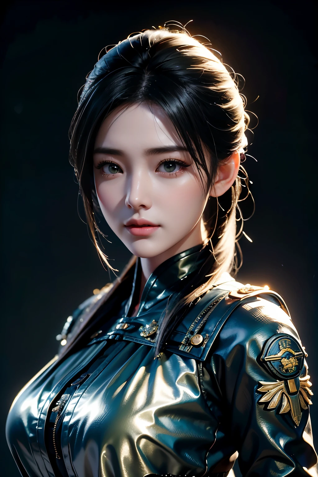 Game art,The best picture quality,Highest resolution,8K,((A bust photograph)),((Portrait)),(Rule of thirds),Unreal Engine 5 rendering works, (The Girl of the Future),(Female Warrior),22岁少女,(Hair random),(Future-style military wear,A beautiful eye full of detail),(Big breasts),(Eye shadow),优雅迷人,微笑,(皱眉),(Future-style army dress,A dress characteristic of a police uniform,A dress with delicate patterns,A glowing badge),赛博朋克人物,未来风格, 拍照姿势,街道背景,Movie lights,Ray tracing,Game CG,((3D Unreal Engine)),oc渲染反射纹