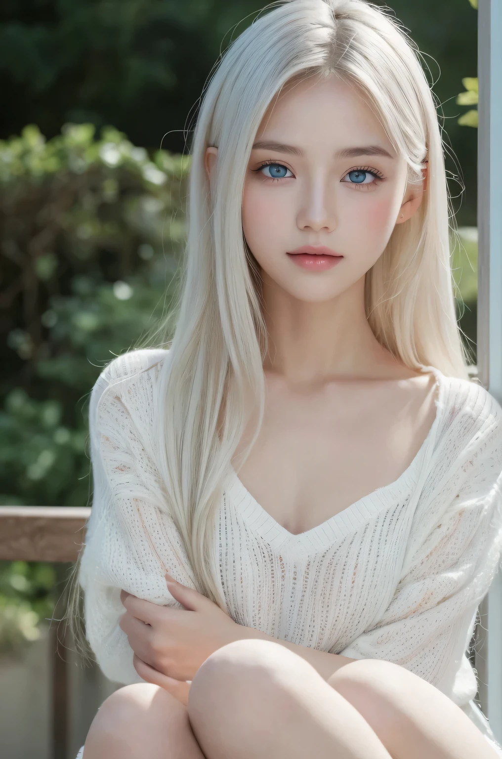 14Caucasian model at the age, full body photo,((Clean clothes)), white clothes, Natural light, Pretty Caucasian Woman, gray hair, lazy smile, (8K, Live shooting, highest quality, masterpiece: 1.2), masterpiece, Super detailed, ultra high resolution, (realistic and realistic photos: 1.37), High-definition RAW color photo, very delicate and beautiful, 非常にbe familiar with, 8k wallpaper, wonderful, be familiar with, 非常にbe familiar withな目, realistic skin texture, 非常にbe familiar withな指, 非常にbe familiar with nose, 非常にbe familiar withな口, , Photo above the knee, , See-through feeling、transparent processing、wearing a white sweater、, gray hair, blue eyes, masterpiece, realistic skin texture, 超be familiar with, shiny hair and white skin, 、 natural skin texture、Woman looking young、Photo above the knee、blue eyes、、lowered eyebrows、innocent face、gentle and big eyes、natural skin texture、round face、kind eyes、beautiful long white hair、、small face、No decorations included