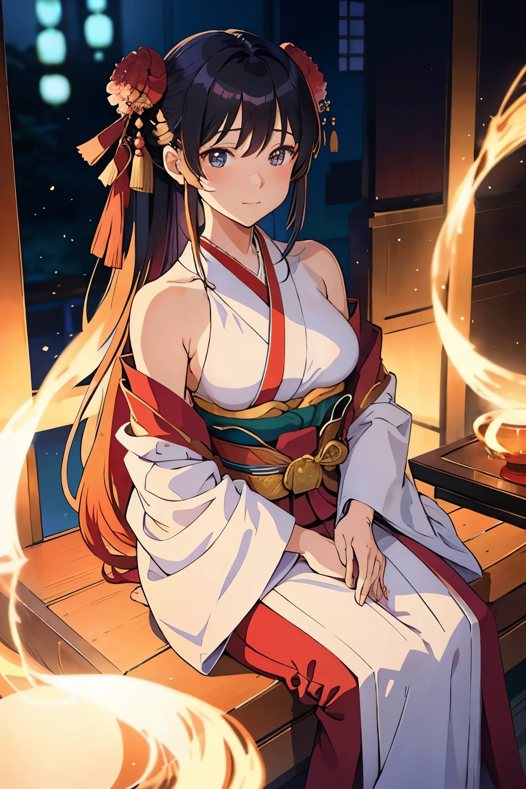In the vibrant world of anime and manga, a harem girl adorned in traditional Japanese attire joyfully threw herself into the embrace of the male protagonist. Her elegant kimono, a riot of colors, fluttered around her as she pressed her face against his chest. The rhythmic sound of his heartbeat resonated through her, its warmth a comforting contrast to the evening breeze. The male protagonist, standing firm in the harem's opulent sitting room, initially hesitated. His hands remained awkwardly raised in midair, but as the girl's warmth seeped into him, he could no longer resist. With a gentle smile, he slowly lowered his hands, allowing