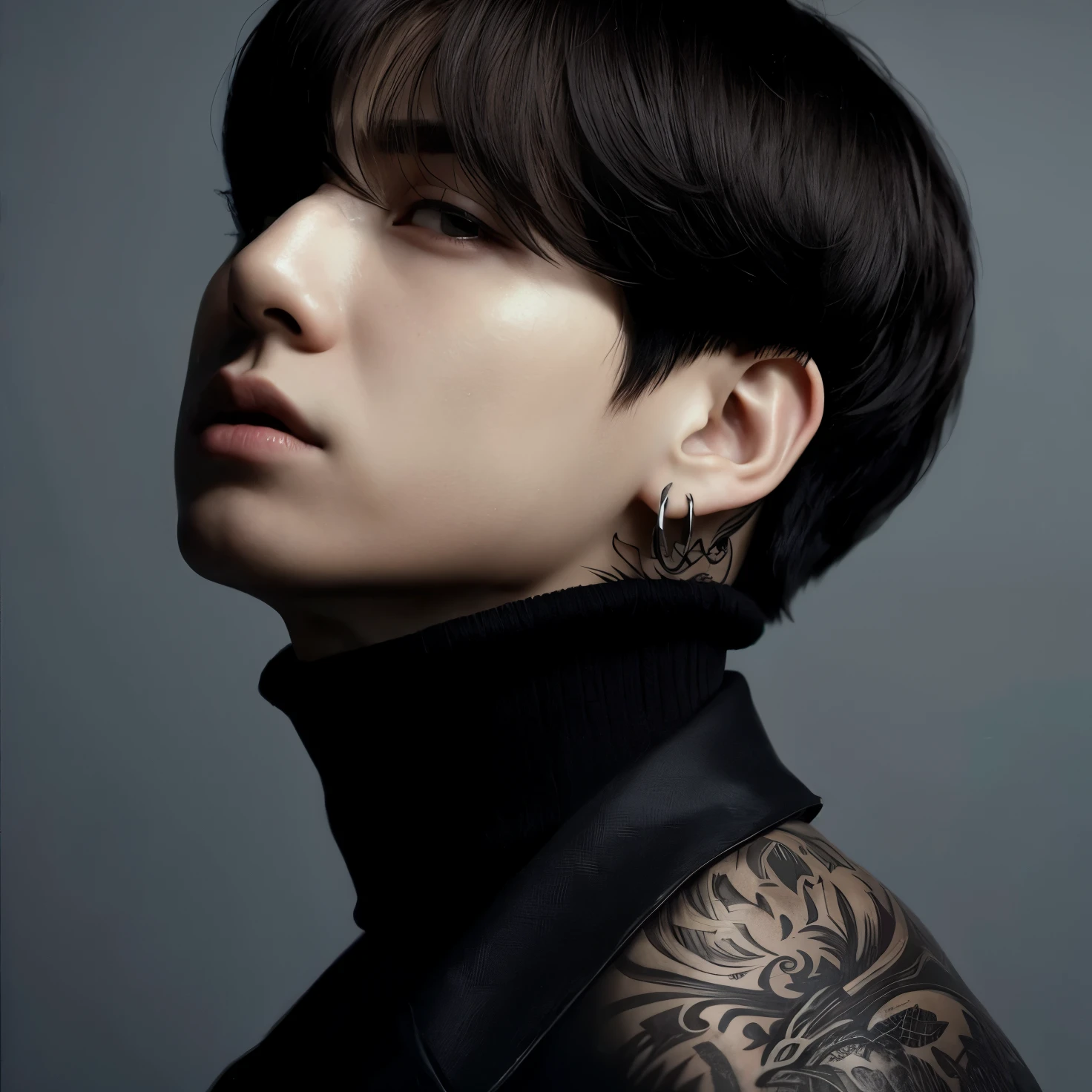 Um close de uma homem com cabelo preto e um colar, cruel orean goth boy, Corte de cabelo preto Hime, cabello blackbangs cabello, goth boy aesthetic, Ele tem cabelo preto com franja, Jeon Jungkook, detalhado, 1 Goth Anime Boy, Sui Ishida com cabelo preto, 🤤 retrato de menino, 1 20 year old goth boy, Penteado branco com corte hime, Jungkook,