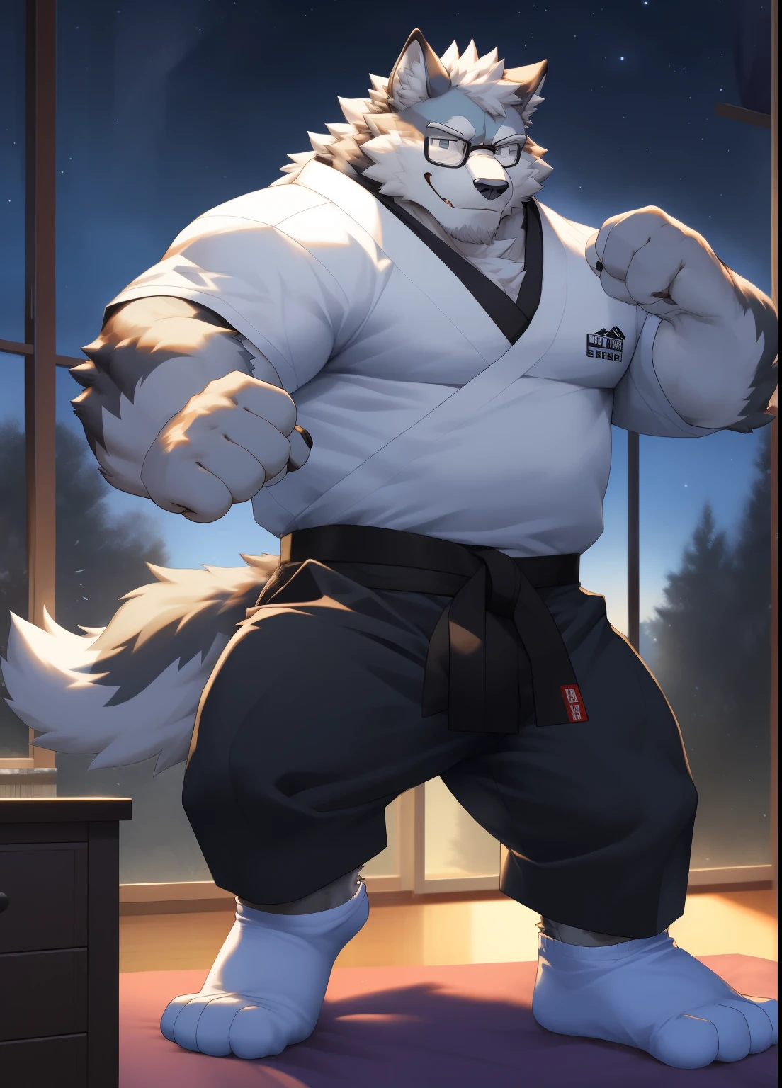 hairy,((Wolf,Long sleeve karate gi,white socks)),white fur,male,Common,full body picture((极其lifelike阴影,masterpiece,Very detailed,lifelike)), ((Cat)),dynamic poses,in the bedroom,Black-rimmed glasses,smirk,The action of wearing a belt,window location,side,night((极其lifelike背景,masterpiece,Very detailed,lifelike)),穿着white socks