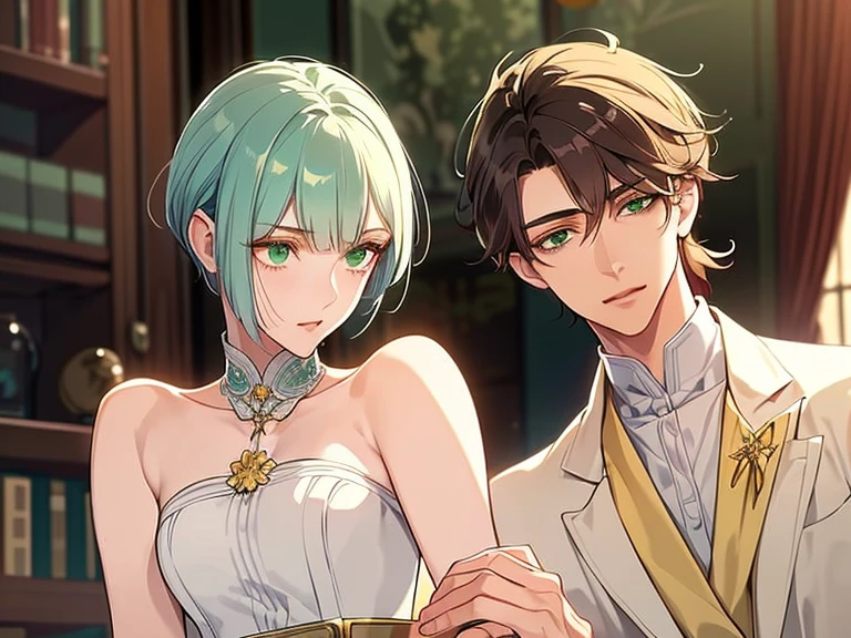 (extremely delicate and beautiful:1.2), 8K, (masterpiece, best:1.0), ((couple)), ((one man)), ((one woman)), two people, One male (brown shaggy hair, brown rattail hair, 3:7 ratio) (green eyes), One female (white bob hair with fringe) (yellow eyes), Upper body shot, 1 male 1 female