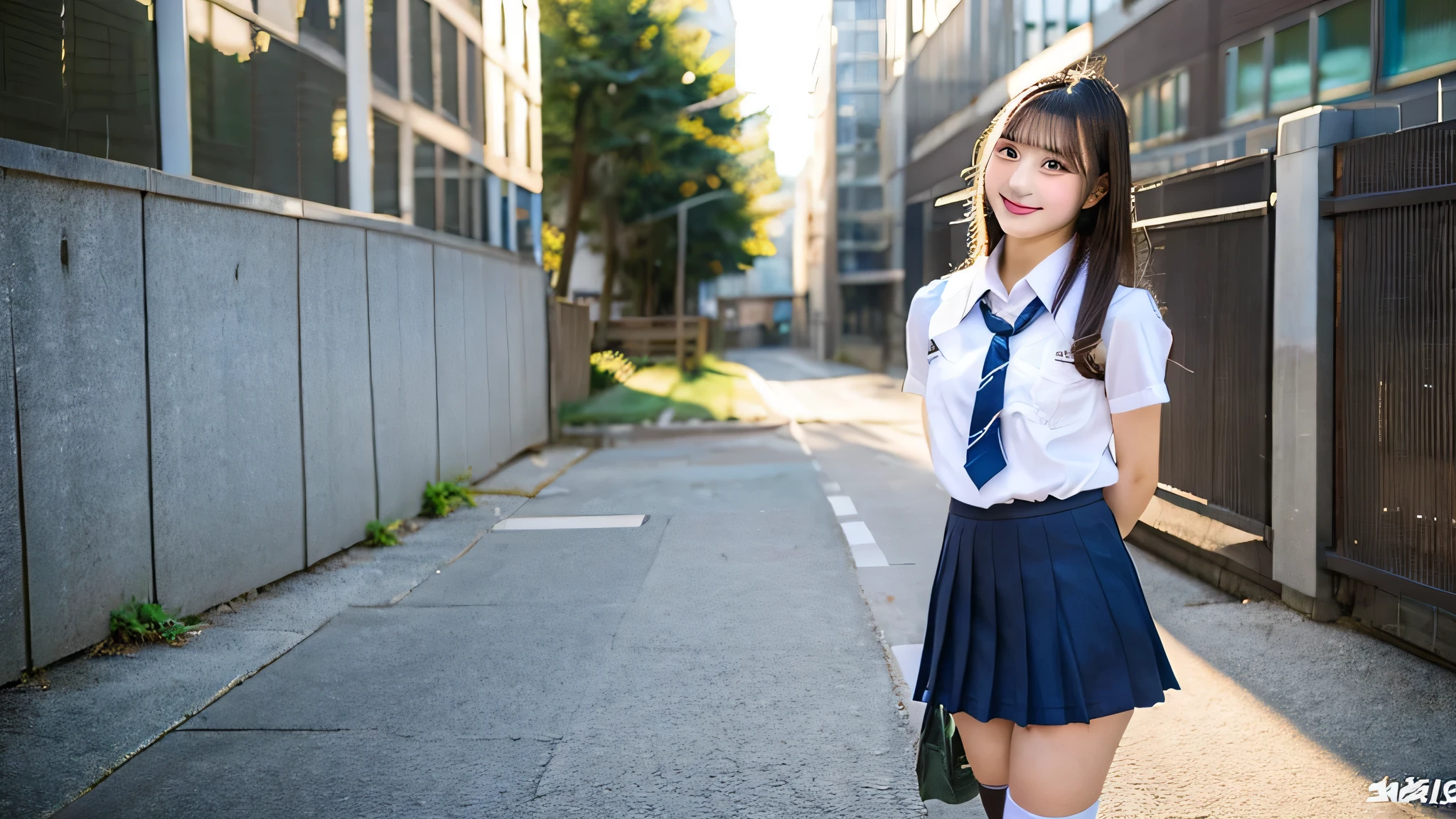 (8k, best quality, masterpiece: 1.2), (realistic, photorealistic: 1.37), super detailed, one girl, solo, cute, beautiful detailed sky, (smile: 1.2), (grin), beautiful detailed eyes, floating hair, (uniform: 1), stockings, full body, street, thin