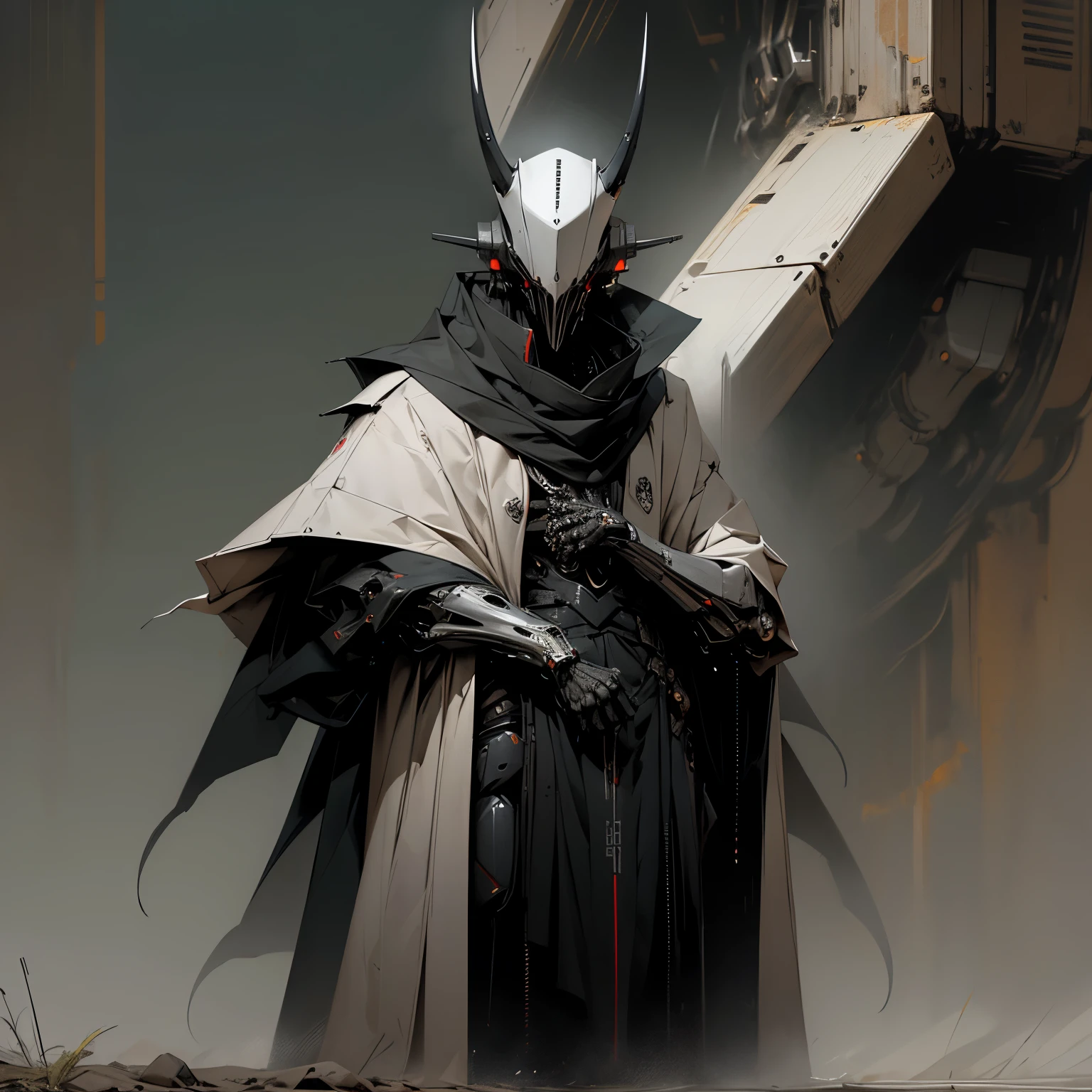 A very tall ominous robot with wide shoulders and a slender body, five piercing eyes, staring you down, long sharp claws, assassin, sleek, aerodynamic, fast, super thin frame, very agile, showing off its claws, hand facing up, two prominent horns, smooth design, really tall