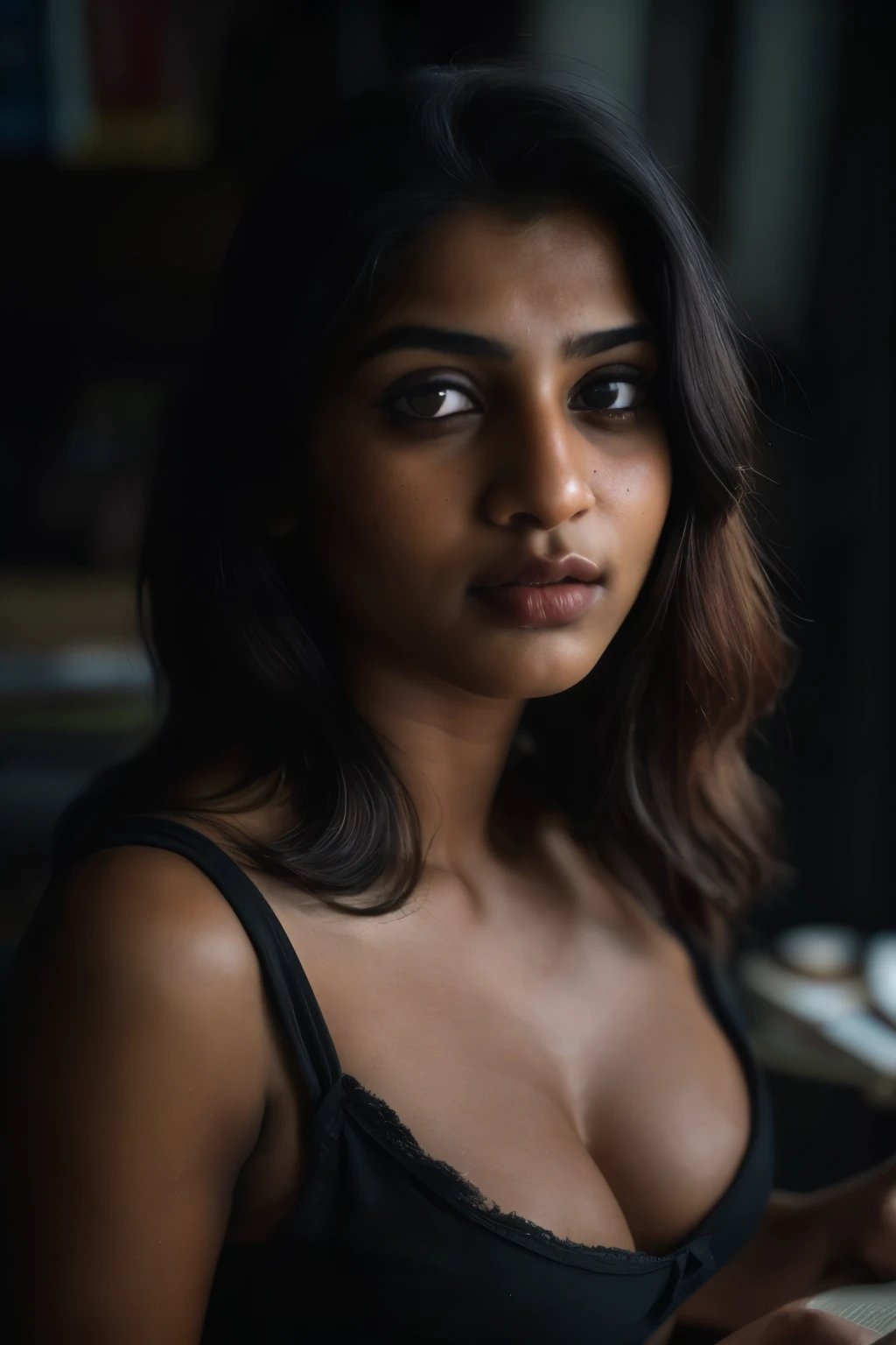 cleavage, (close-up, editorial photograph of a 21 year old Indian woman), (highly detailed face:1.4) (smile:0.7) (background inside dark, moody, private study:1.3) POV, by lee jeffries, nikon d850, film stock photograph ,4 kodak portra 400 ,camera f1.6 lens ,rich colors ,hyper realistic ,lifelike texture, dramatic lighting , cinestill 800,