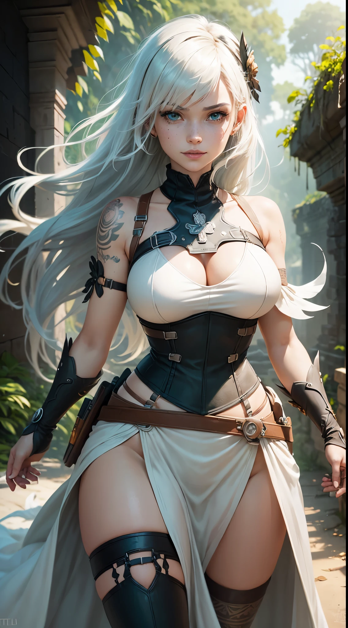 gwen tennyson,1girl,tracer,yorha 2b,y'shtola rhul,overwatch,nier automata,close up,mayan jungle ruins,tattoos,orange and white heavy armor,white short sleeve tribal top,long tribal pants,harness corset,long curly hair,tribal makeup,green eyes,multicolored silver hair,long dress train,sexy smile,freckles,beautiful girl,thigh high tribal boots,large breasts,8k,ultra detailed,realistic,fantasy art,tribal warrior armor,tribal gown dress,hair pin,tribal ear piercings,tribal hand and neck jewelry,(weather:windy),long orange ceremonial cloak,(pose:ready to attack),leaves falling,hunting spear,