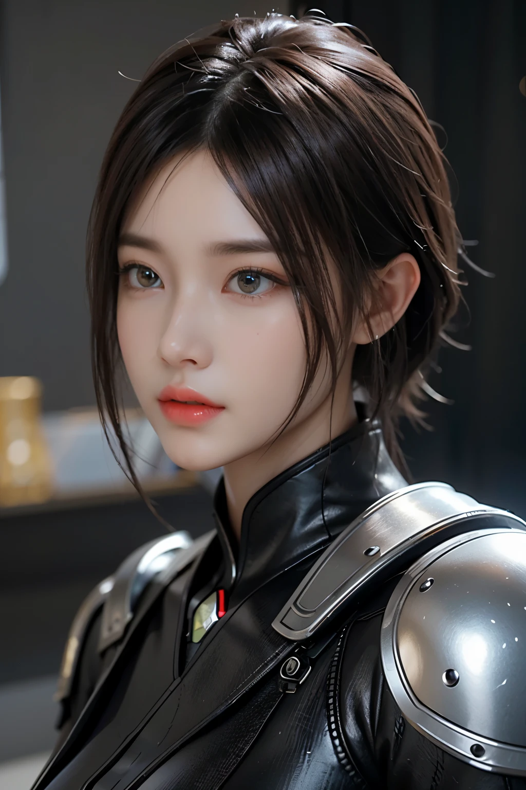 Game art,The best picture quality,Highest resolution,8K,((A bust photograph)),((Portrait)),(Rule of thirds),Unreal Engine 5 rendering works, (The Girl of the Future),(Female Warrior),22岁少女,(Gray with short hair),(Future-style military wear,A beautiful eye full of detail),(Big breasts),(Eye shadow),优雅迷人,微笑,(皱眉),(Clothes full of futuristic sci-fi style,Sweater,A delicate pattern,Glittering jewels,Armor,White and red),赛博朋克人物,未来风格, 拍照姿势,街道背景,Movie lights,Ray tracing,Game CG,((3D Unreal Engine)),oc渲染反射纹