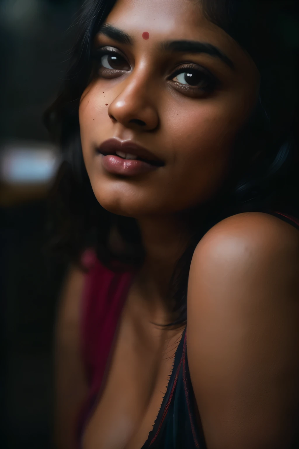 cleavage, (close-up, editorial photograph of a 21 year old Indian woman), (highly detailed face:1.4) (smile:0.7) (background inside dark, moody, private study:1.3) POV, by lee jeffries, nikon d850, film stock photograph ,4 kodak portra 400 ,camera f1.6 lens ,rich colors ,hyper realistic ,lifelike texture, dramatic lighting , cinestill 800,