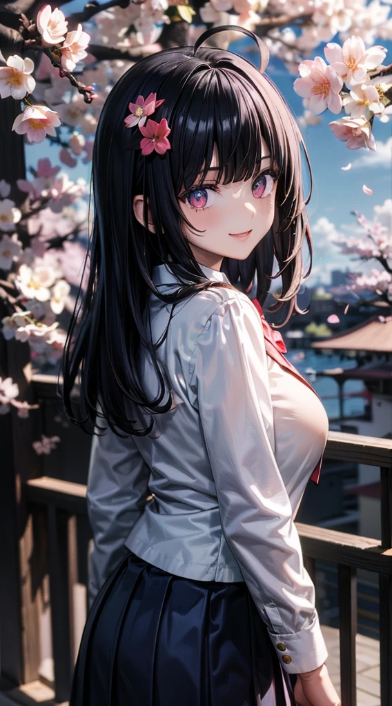 1girl,solo,big breasts,tsurime,dark blue long hair,blunt bangs,ahoge,detailed illustration of cherry blossom,cherry blossom petals are falling,slender body,tall height,pale skin,shiny skin,looking back,glad,nervous smile,school uniform,collared shirt, blazer, pleated skirt, school uniform, bow,