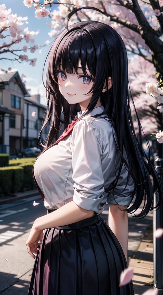 1girl,solo,big breasts,tsurime,dark blue long hair,blunt bangs,ahoge,detailed illustration of cherry blossom,cherry blossom petals are falling,slender body,tall height,pale skin,shiny skin,looking back,glad,nervous smile,school uniform,collared shirt, blazer, pleated skirt, school uniform, bow,