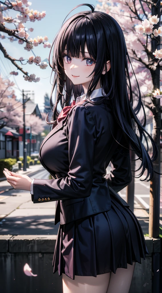 1girl,solo,big breasts,tsurime,dark blue long hair,blunt bangs,ahoge,detailed illustration of cherry blossom,cherry blossom petals are falling,slender body,tall height,pale skin,shiny skin,looking back,glad,nervous smile,school uniform,collared shirt, blazer, pleated skirt, school uniform, bow,