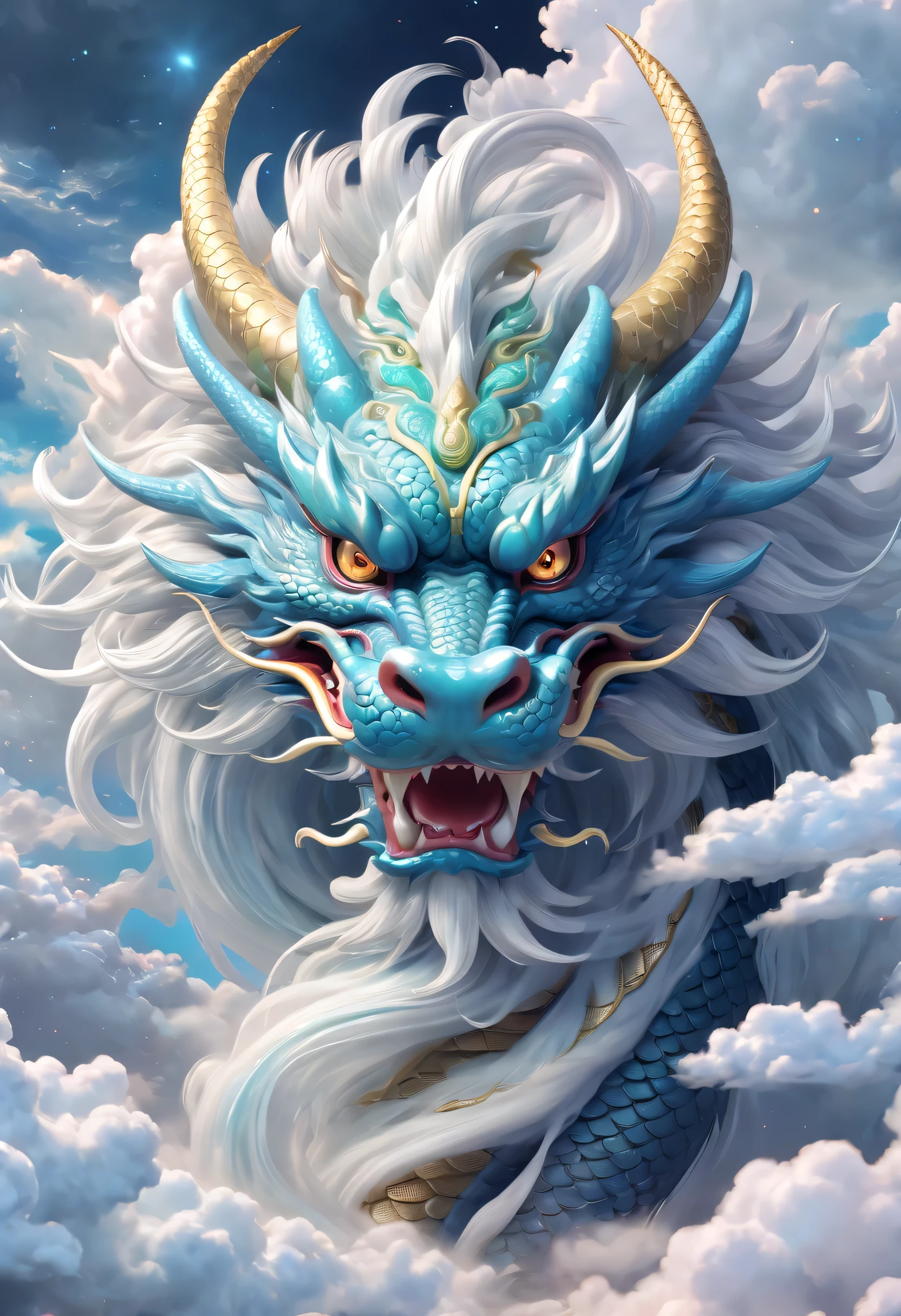 Chinese dragon in the clouds, translucent texture, furry art, The dragon&#39;s head faces forward, cosmic art, swirl, anime aesthetics, Elaborately crafted, superbly fine details