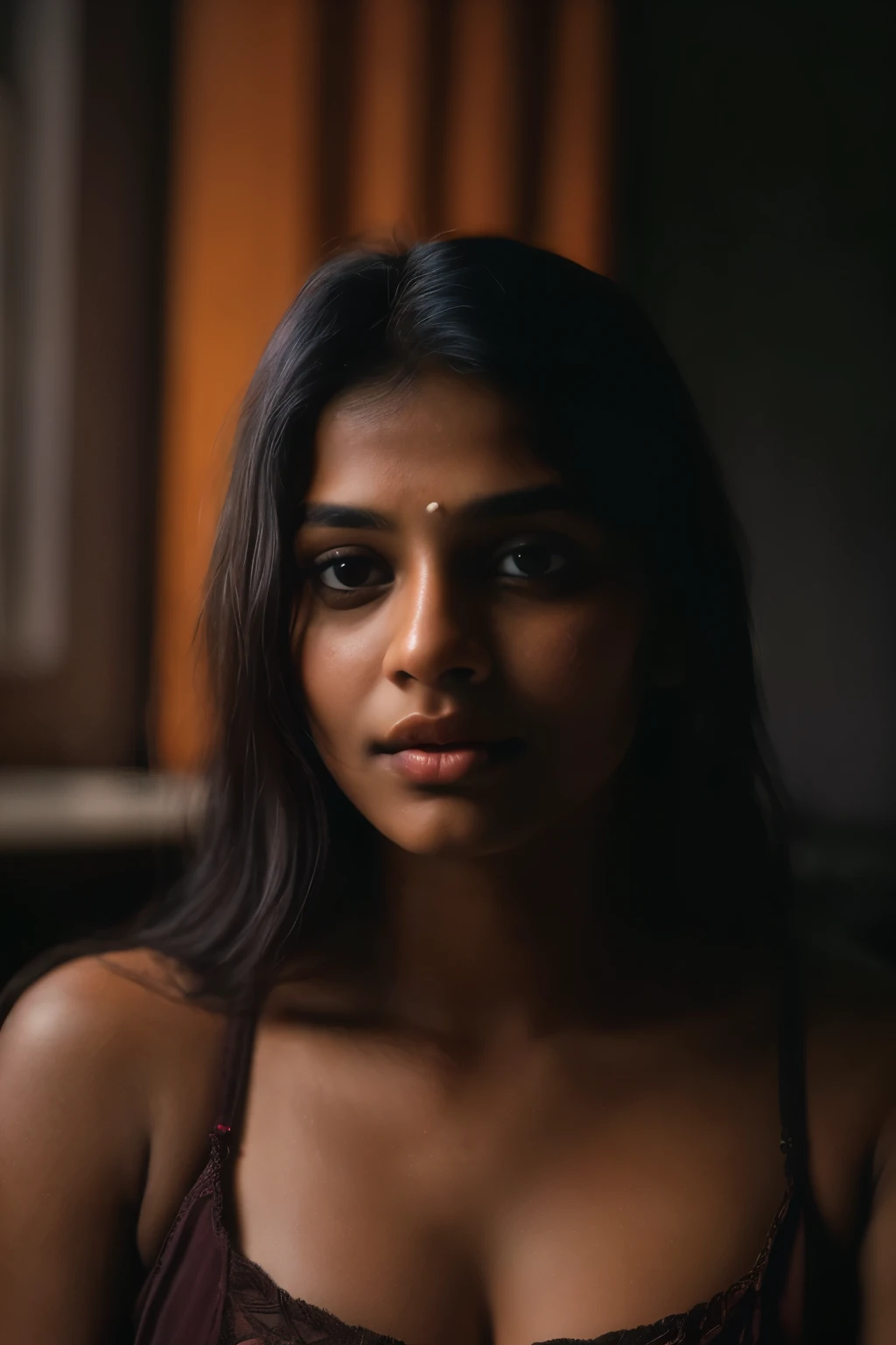sexy, cleavage, (close-up, editorial photograph of a 21 year old Indian woman), (highly detailed face:1.4) (smile:0.7) (background inside dark, moody, private study:1.3) POV, by lee jeffries, nikon d850, film stock photograph ,4 kodak portra 400 ,camera f1.6 lens ,rich colors ,hyper realistic ,lifelike texture, dramatic lighting , cinestill 800,