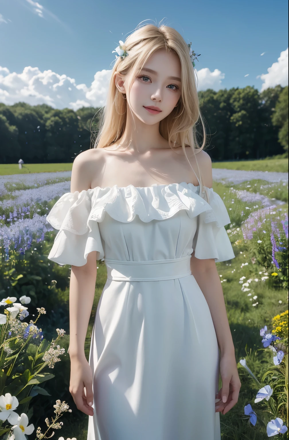 Best quality, masterpiece, ultra high res, (photorealistic:1.4), raw photo, 1girl (charming Russian model Nata Lee), Light blonde hair color, white dress, off shoulder, blue flower field, glowing skin, light smile