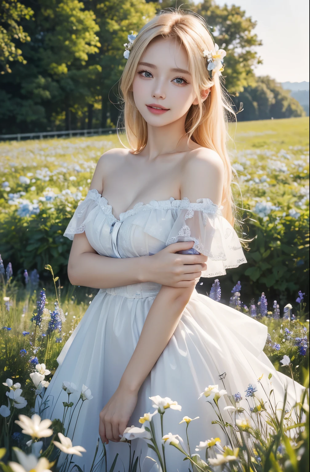 high quality шедевр, photo, detailing, blonde, big eyes, meadow with flowers flooded with light, hyperrealism, detailing, high quality, A glade of flowers, sunlight, wind, Short dress, smile,