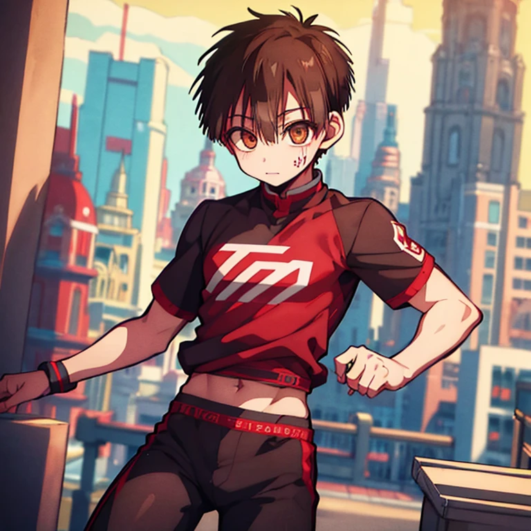 masterpiece, best quality, cg game, 1boy, solo, male focus, looking at viewer, depth of field, black hair, brown eyes, red t-shirt, athletic, thigh highs, skyscraper gray pants ,