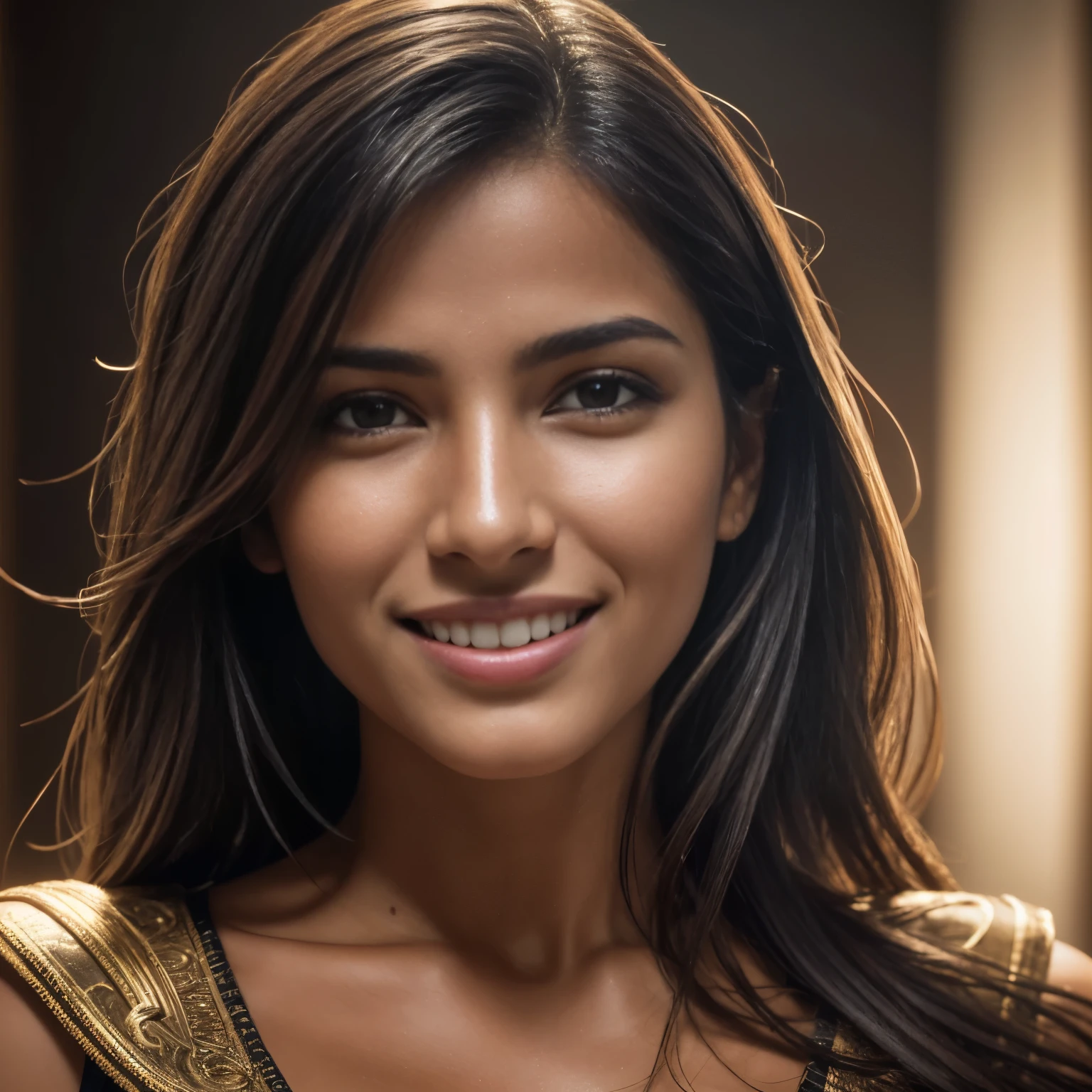 Isabela Merced, portrait photo, close-up of face, smiling seductively, (skin texture:1.1), (high detail face:1.1),high detail body, high detail clothes, (masterpiece), (realistic), ultra high definition, 4k, ultra high resolution, film grain, cinematic lighting, rim lighting, photo by Mark Mann, RAW image