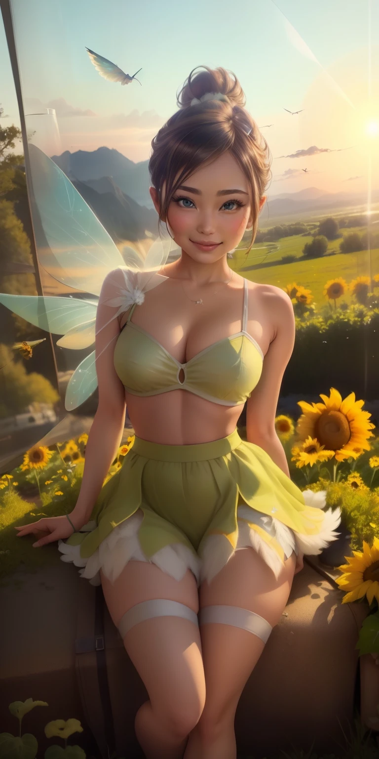 (Tinker Wife:1),Tinker Bell、mini skirt、clear feathers、 smile, cute, cute pose, looking at the viewer, thick thighs, single hair bun hair, ponytail hair, (Strapless Green Dress:1),grassland、flower garden、sunflower、 (8,fairy wings), are flying, (chest focus:1.2), From above,
(realistic:1.2), (realism), (masterpiece:1.2), (highest quality), (Super detailed), (8K, 4K, Complex),spread legs、show white panties,white htmlh(full body shot:1),(cowboy shot:1.2), (85mm),particles of light, lit, (very detailed:1.2),(detailed face:1.2), (Gradation), software, colorful,(fine eyes:1.2),
(detailed landscape, in a glass bottle:1.2),(detailed background),detailed landscape, (dynamic angle:1.2), (dynamic pose:1.2), (third law_composition:1.3), (Action range:1.2), wide shot, dawn, alone,