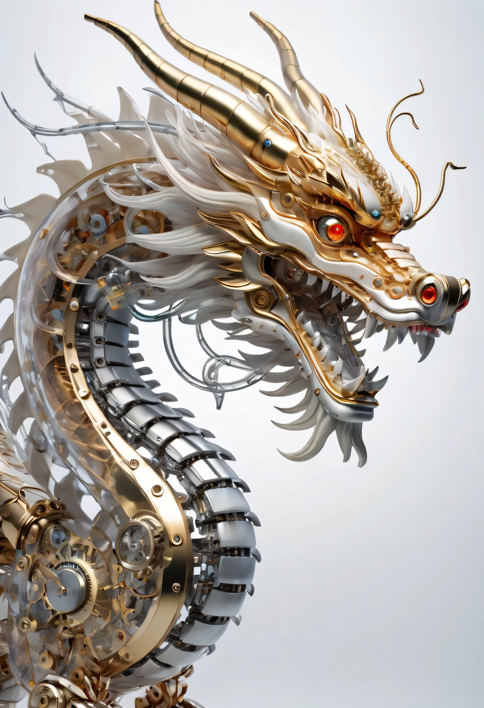 Head robot chinese dragon, Has transparent scales，You can clearly see the mechanical skeleton inside. The style emphasizes anatomy, The visual effect looks very ethereal, Reflecting the beauty of technology and art