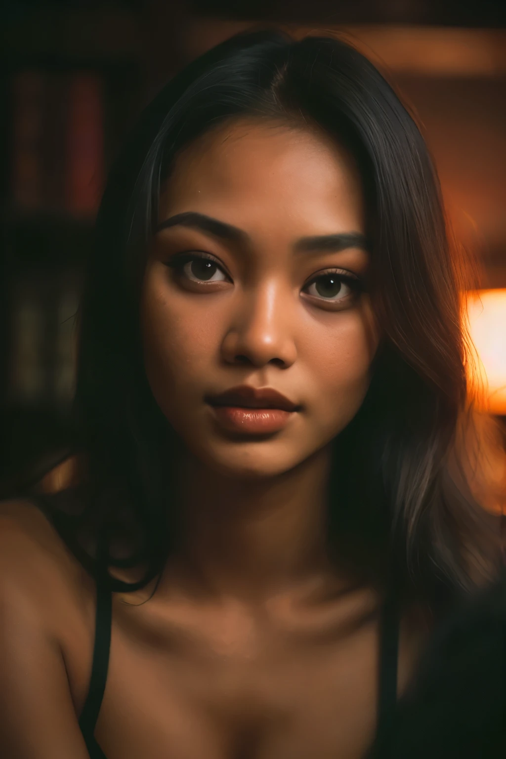 Bellydancer, sexy, cleavage, (close-up, editorial photograph of a 21 year old javanese woman), (highly detailed face:1.4) (smile:0.7) (background inside dark, moody, private study:1.3) POV, by lee jeffries, nikon d850, film stock photograph ,4 kodak portra 400 ,camera f1.6 lens ,rich colors ,hyper realistic ,lifelike texture, dramatic lighting , cinestill 800,