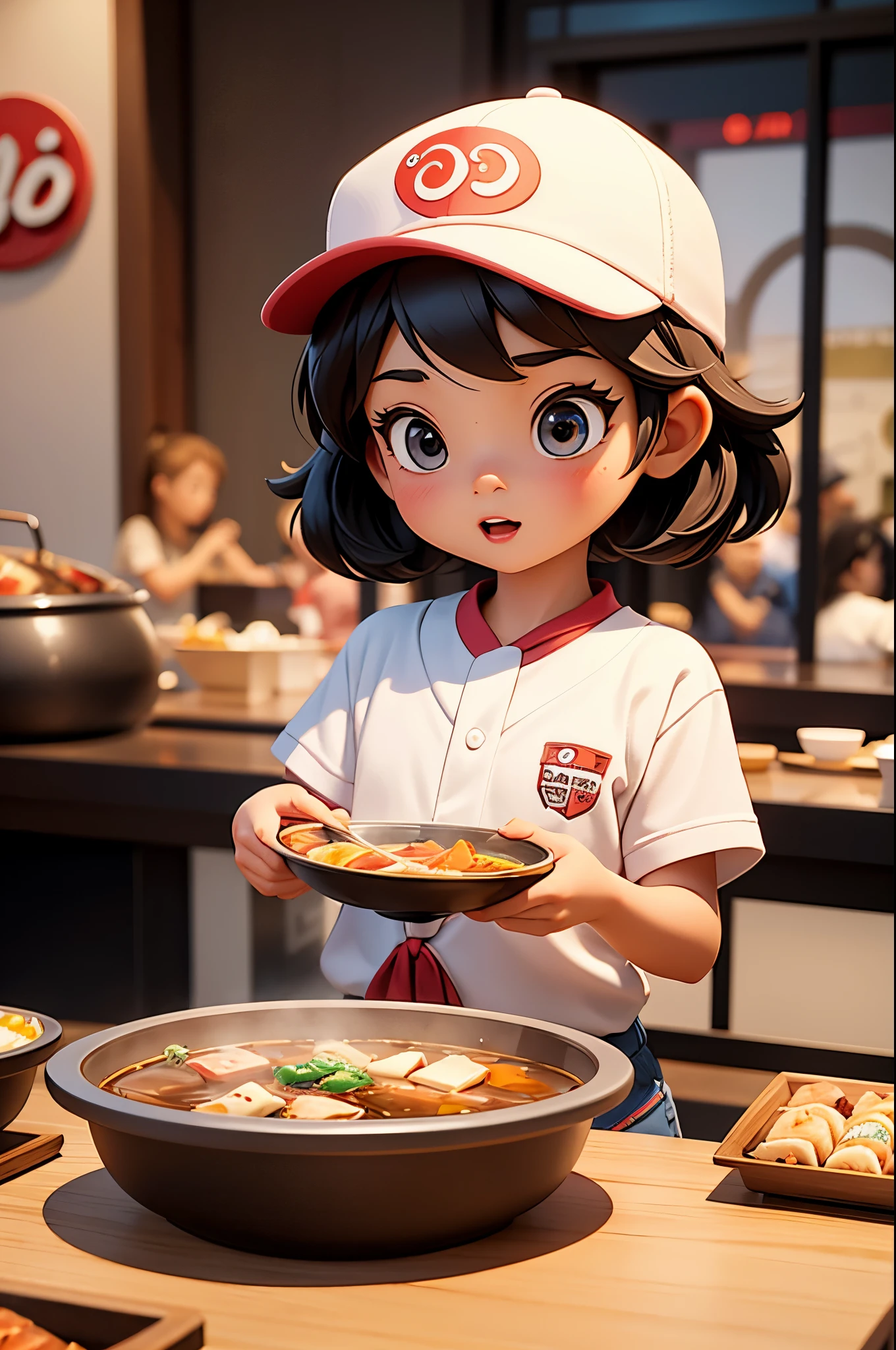 masterpiece,best quality,Hot pot restaurant, cute girl,Girl eating hot pot,Casual attire,baseball cap,Pixar,(Next generation 3D model),(three-dimensional)Cartoon,High gloss greasy