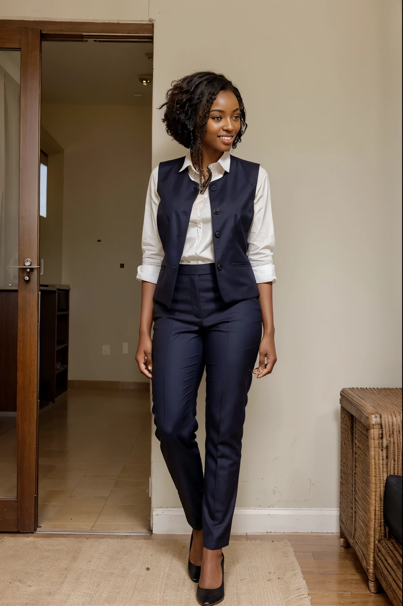 A female AI model of East African descent, possibly resembling the beauty standards of Burundi or Rwanda. She has the rich, dark skin tone often associated with African heritage. Her hair  styled in a modern African manner, perhaps in beautifully an afro, showcasing the unique and diverse hair textures found in Africa, and a warm, captivating smile holdng a woman hand bag in a suit with nice shoes high hills standing in a sitting room show her shoes she wears long pants ,her vests is not sexy change vest colour school uniform school bag,at school 